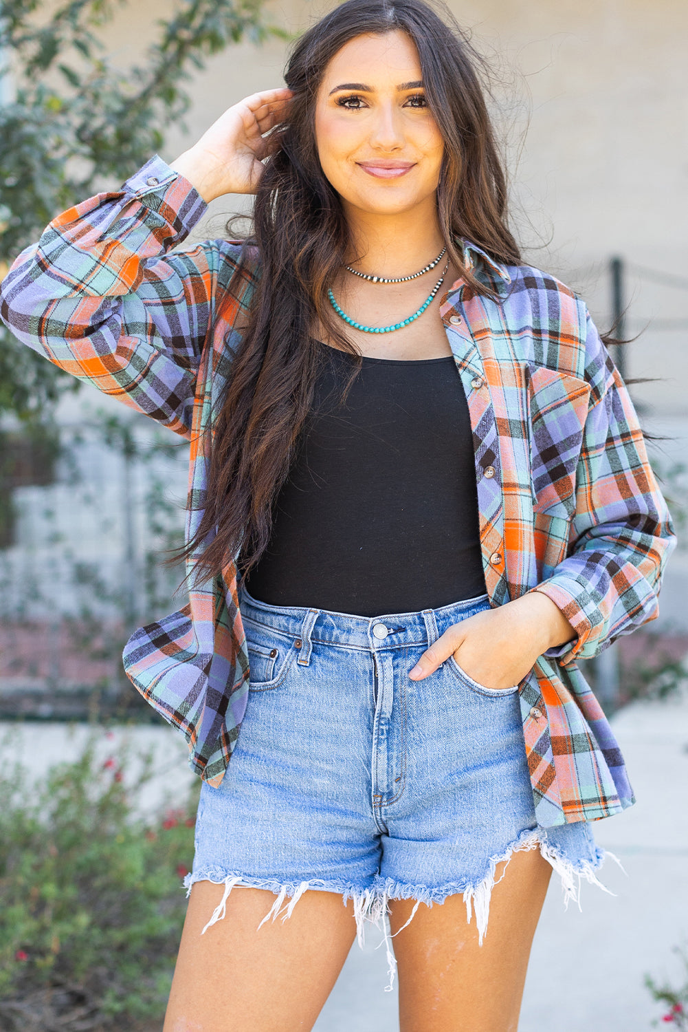 Orange Plaid Print Loose Vintage Shirt.