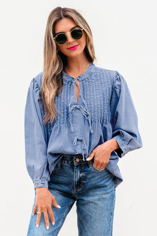 Myosotis Denim Front Pintuck Bow Tie Puff Sleeve Top.