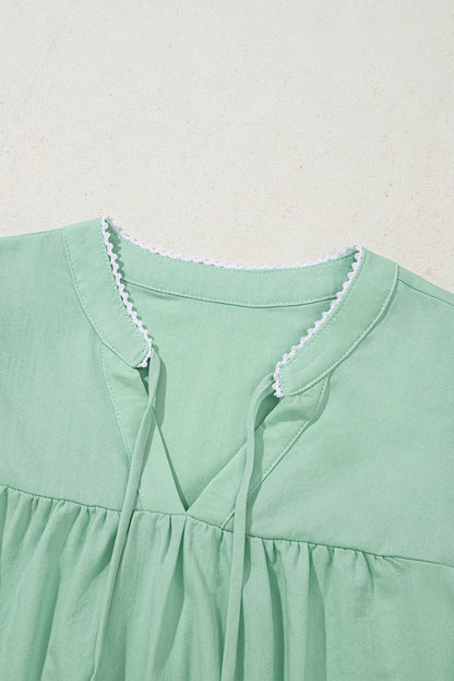 Clearly Aqua Floral Embroidered Puff Sleeve Split Neck Blouse.