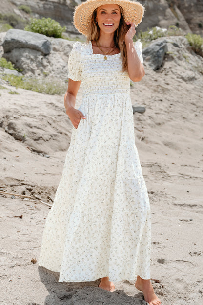 White Frilly Shirred Bodice Tiered Floral Maxi Dress.