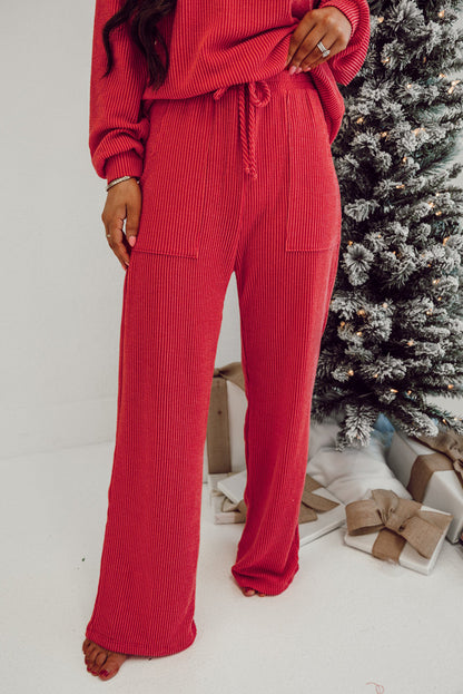 Fiery Red JOLLY Corded Long Sleeve Top and Pockets Pants Set.