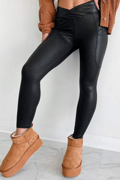 Black V Crossover High Waist Pocketed Leggings.