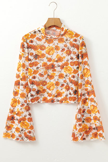 Orange Floral Printed Bell Sleeve Mock Neck Scallop Trim Blouse.