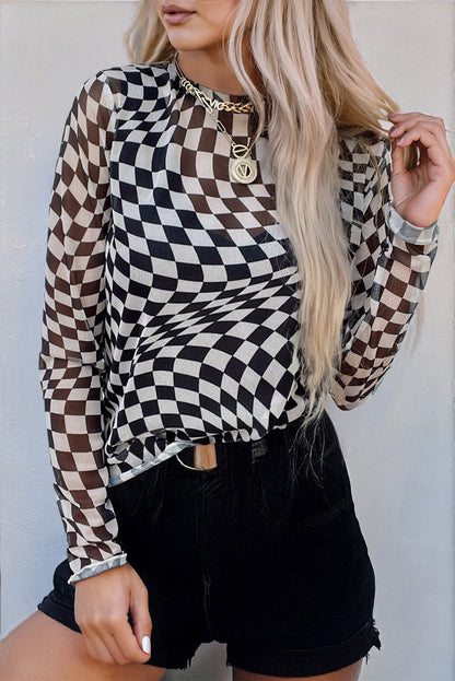 Black Checkered Pattern Mesh Mock Neck Long Sleeve Top.