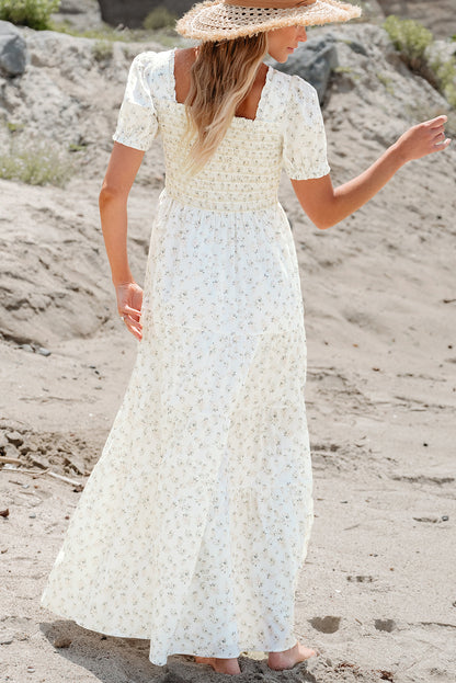 White Frilly Shirred Bodice Tiered Floral Maxi Dress.