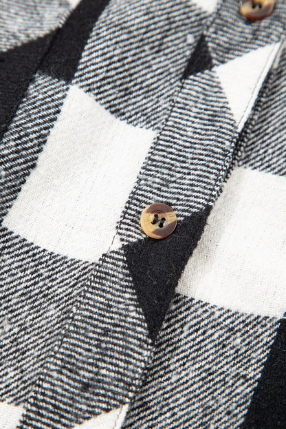 Black Plaid Patchwork Drawstring Hooded Raw Hem Shacket