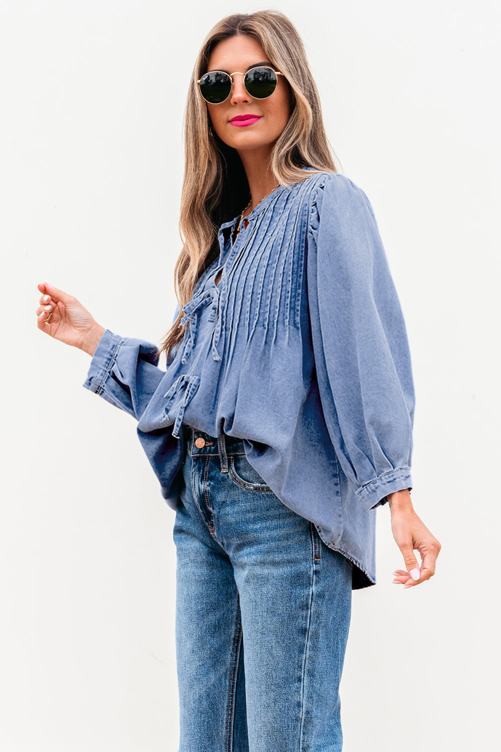 Myosotis Denim Front Pintuck Bow Tie Puff Sleeve Top.