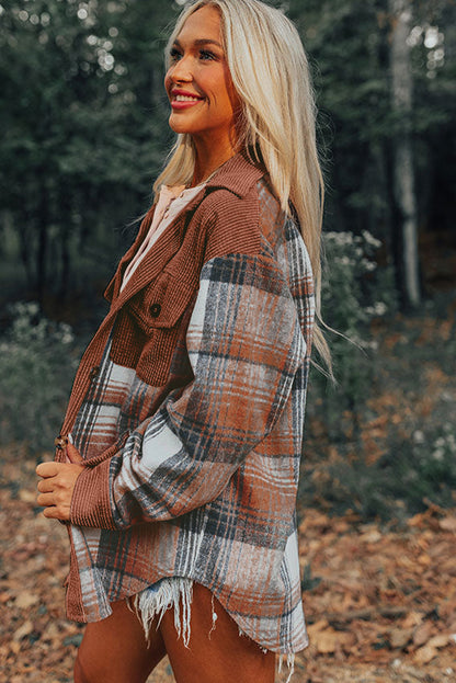 Cinnamon Plaid Corduroy Patchwork Chest Pocket Shacket.