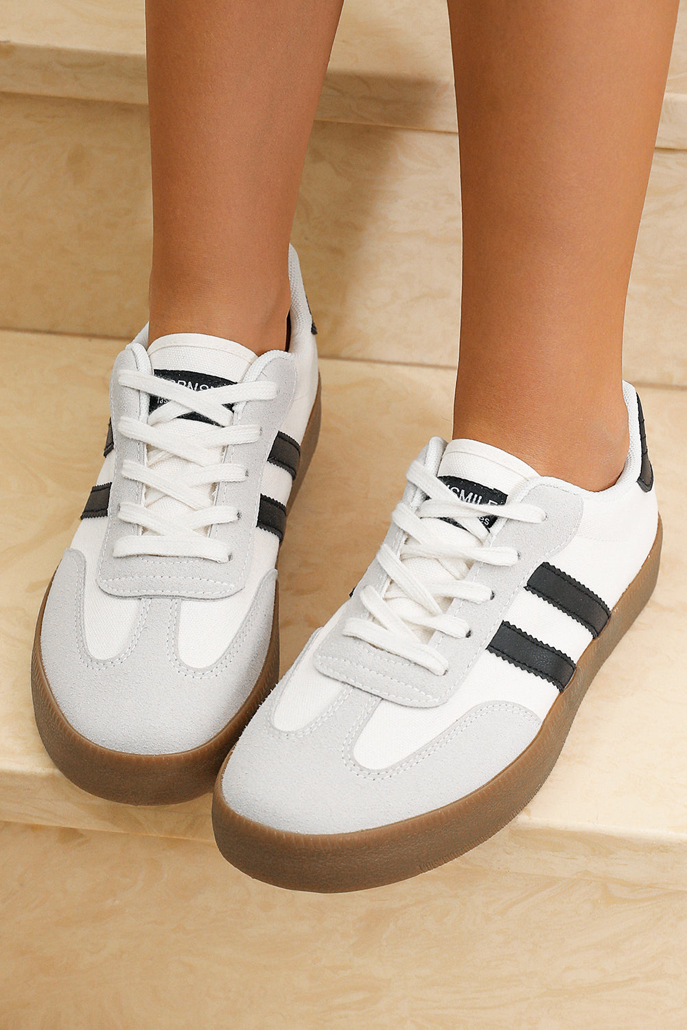 White Striped Lace-up Flat Sneakers.