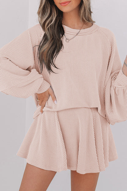 Jet Stream Corded Lantern Sleeve Top High Waist Ruffled Mini Skirt Set.