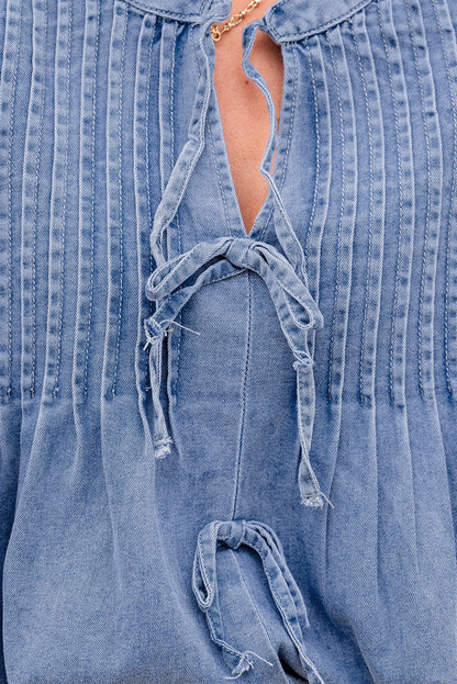 Myosotis Denim Front Pintuck Bow Tie Puff Sleeve Top.