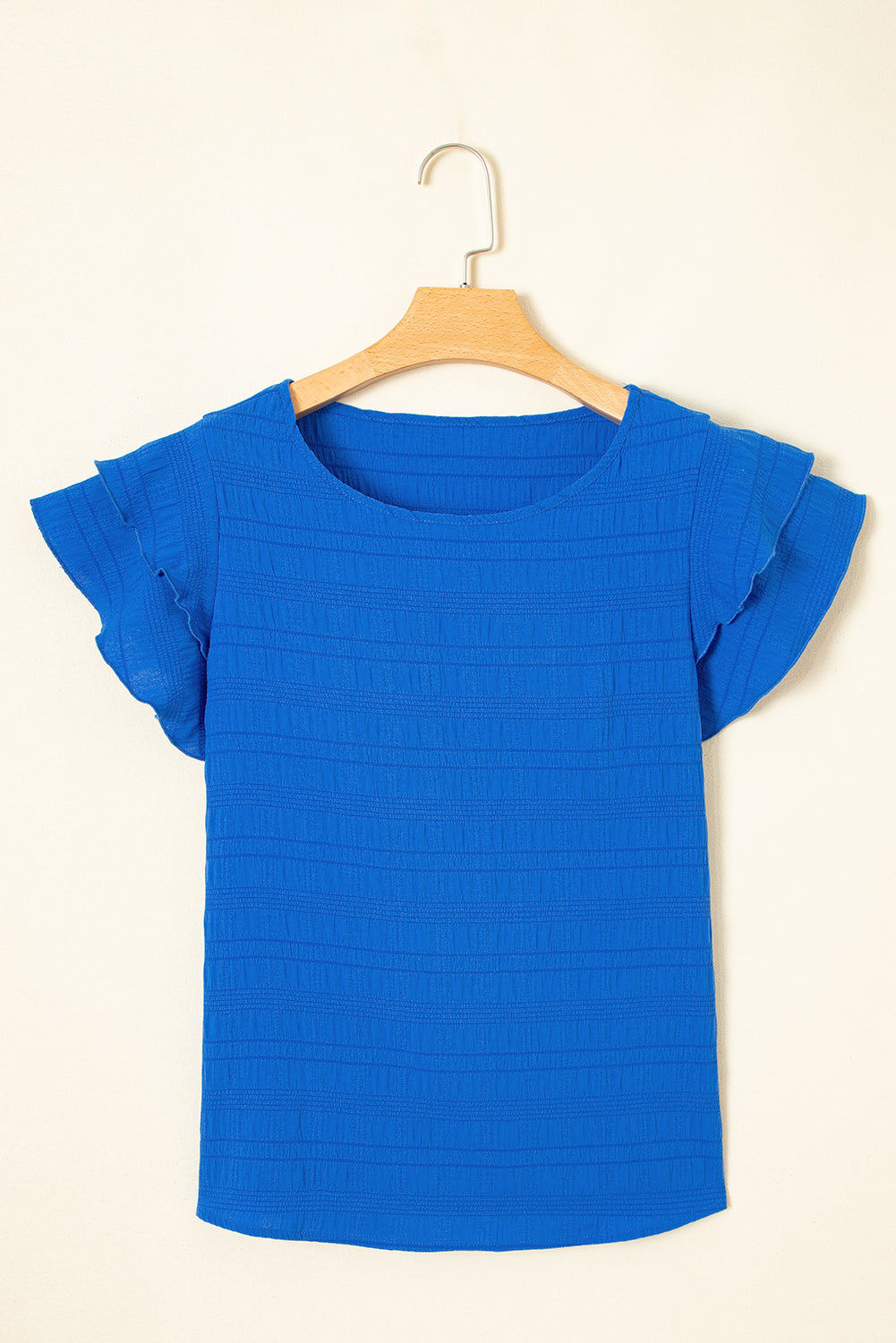 Dark Blue Textured Ruffled Sleeve Round Neck Top.