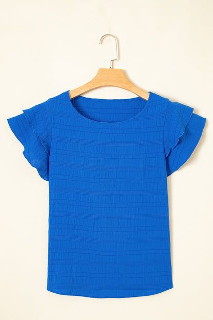 Dark Blue Textured Ruffled Sleeve Round Neck Top.