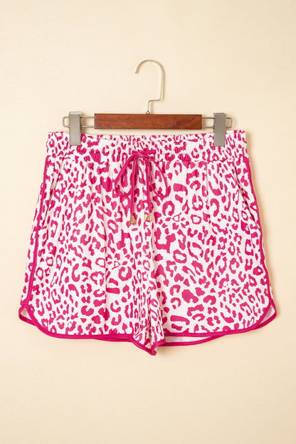 Pink Leopard Elastic Waistband Lace up Contrast Trim Casual Shorts.
