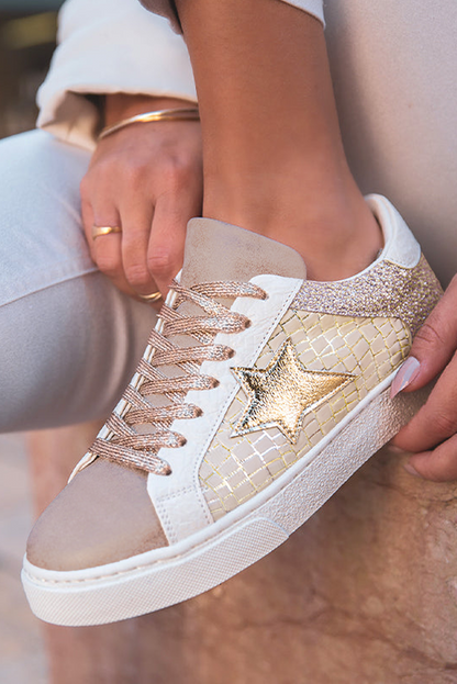 Gold Glitter Star Patchwork PU Leather Lace-up Sneakers.