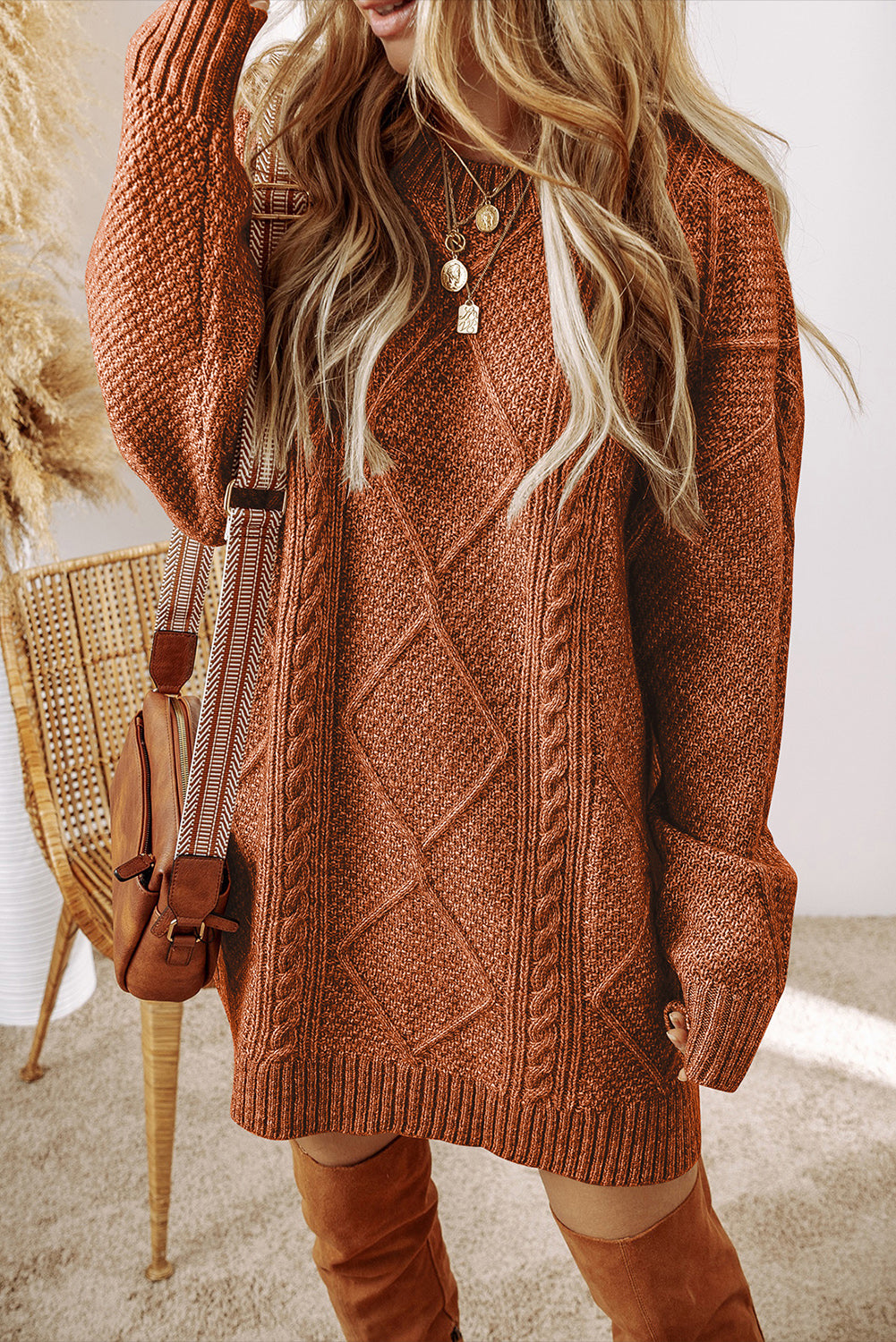 Coffee Cable Knit Drop Shoulder Loose Fit Sweater Dress.