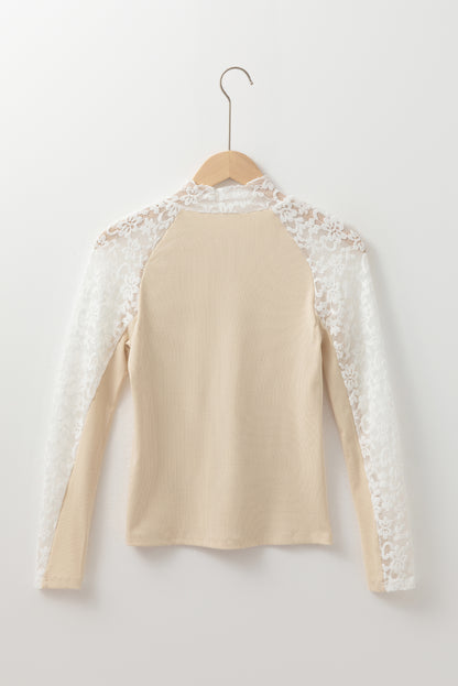 Beige Floral Lace Patchwork Long Sleeve High Neck Slim Top.