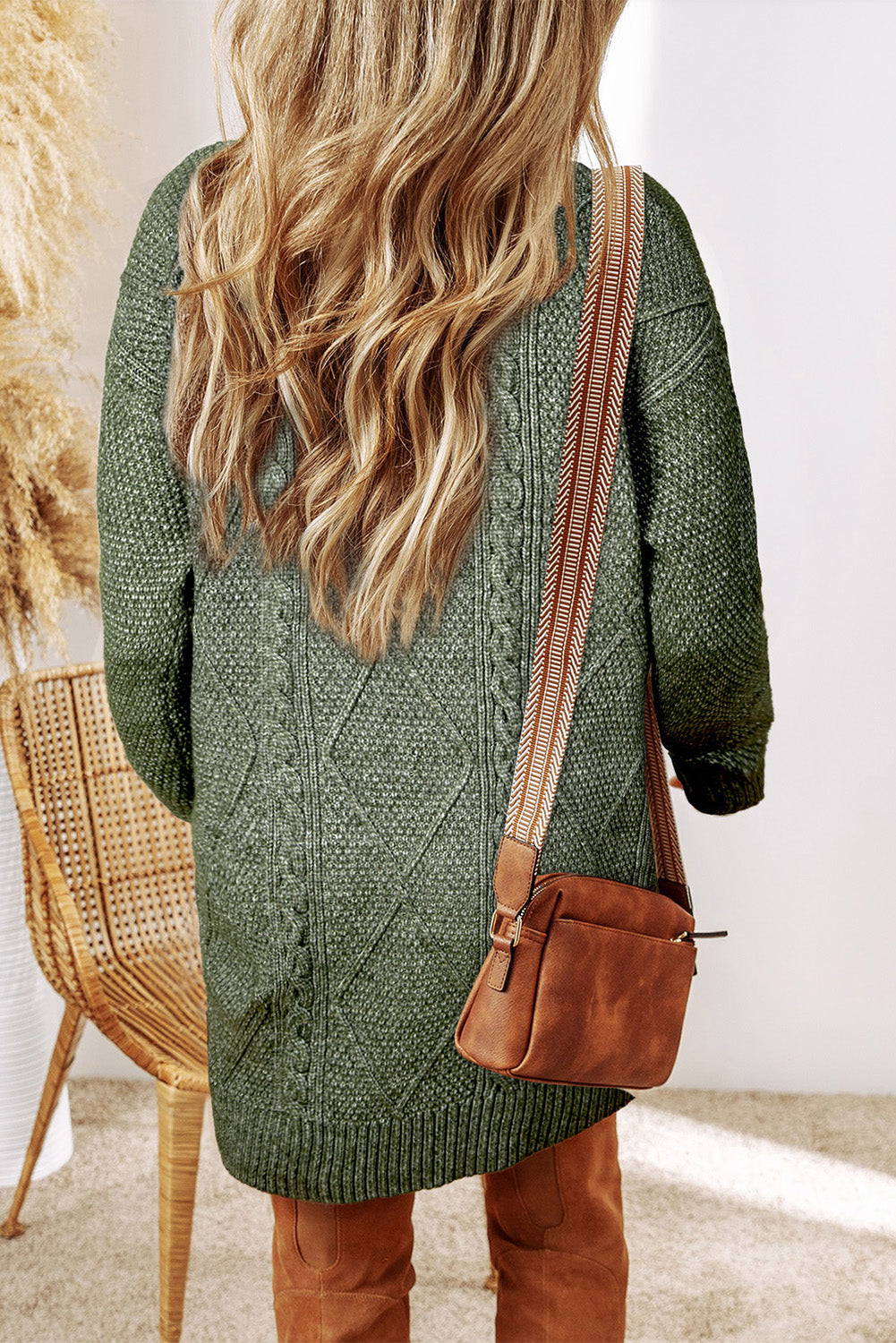 Mist Green Cable Knit Drop Shoulder Loose Fit Sweater Dress.