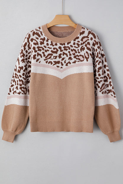 Straw Yellow Leopard Colorblock Patchwork Round Neck Sweater